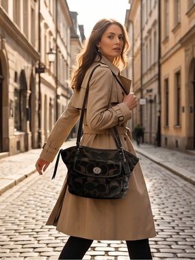 Coach Black and Dark Brown Signature Jacquard Shoulder Bag with Turn-Lock